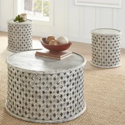 Kirkland's Home Round White Wood Lattice Coffee Table- Coffee Tables