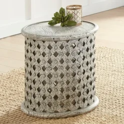 Kirkland's Home Round White Wood Lattice Accent Table- Accent & End Tables