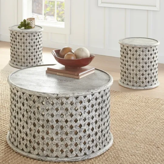 Kirkland's Home Round White Wood Lattice Accent Table- Accent & End Tables