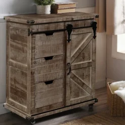 Kirkland's Home Rustic Natural Fir Wood Rolling Barn Door Cabinet- Cabinets & Sideboards