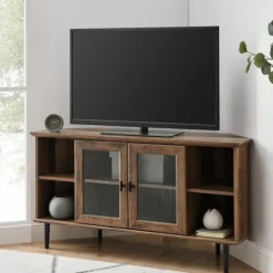 Kirkland's Home Rustic Oak Glass Door Corner Tv Stand- Tv Stands & Media Consoles