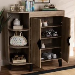 Kirkland's Home Rustic Oak Open Shoe Storage Cabinet- Entryway Furniture