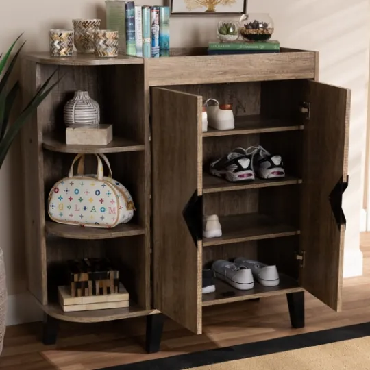 Kirkland's Home Rustic Oak Open Shoe Storage Cabinet- Entryway Furniture