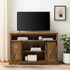 Kirkland's Home Rustic Oak Sliding Barn Door Highboy Tv Stand- Tv Stands & Media Consoles