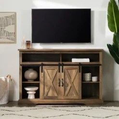 Kirkland's Home Rustic Oak Sliding Barn Door Highboy Tv Stand- Tv Stands & Media Consoles