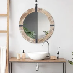 Kirkland's Home Rustic Round Wooden Mirror With Metal Brackets- Decorative Mirrors