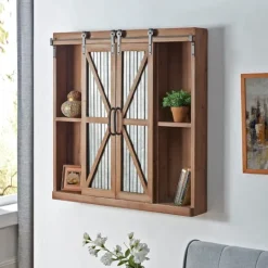 Kirkland's Home Rustic Walnut Sliding Metal Door Cabinet- Cabinets & Sideboards