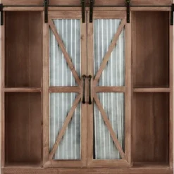 Kirkland's Home Rustic Walnut Sliding Metal Door Cabinet- Cabinets & Sideboards