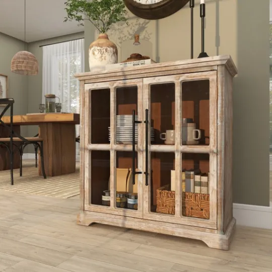 Kirkland's Home Rustic Wood And Glass 2-Door Cabinet- Cabinets & Sideboards