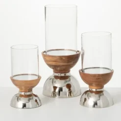 Kirkland's Home Silver And Wood Pillar Candle Holders, Set Of 3- Candle Holders