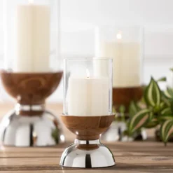 Kirkland's Home Silver And Wood Pillar Candle Holders, Set Of 3- Candle Holders