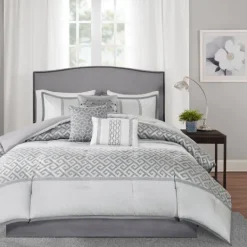 Kirkland's Home Silver Geometric Stripes 7-Pc. Queen Comforter Set- Comforters