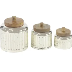 Kirkland's Home Silver Glass Jars With Wooden Lids, Set Of 3- Decorative Bowls & Jars