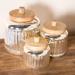Kirkland's Home Silver Glass Jars With Wooden Lids, Set Of 3- Decorative Bowls & Jars