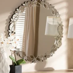 Kirkland's Home Silver Petal Leaf Round Wood Frame Wall Mirror- Decorative Mirrors
