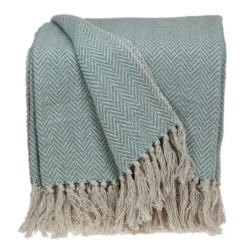 Kirkland's Home Sky Blue Chevron Cotton Handloomed Tassel Throw- Blankets & Throws