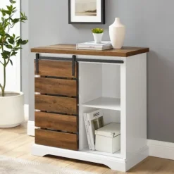 Kirkland's Home Slatted Sliding Barn Door White And Oak Cabinet- Cabinets & Sideboards