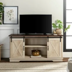 Kirkland's Home Sliding Barn Door Open Shelf White Tv Stand- Tv Stands & Media Consoles