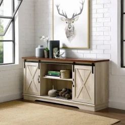 Kirkland's Home Sliding Barn Door Open Shelf White Tv Stand- Tv Stands & Media Consoles