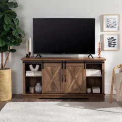 Kirkland's Home Sliding Barn Door Open Shelf Oak Tv Stand- Tv Stands & Media Consoles