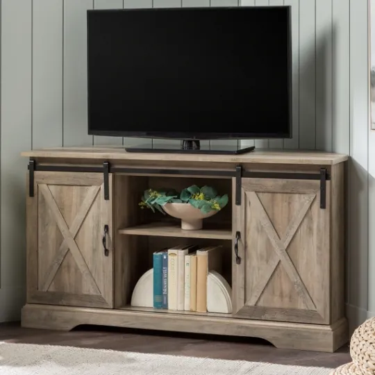 Kirkland's Home Sliding Barn Doors Corner Tv Stand- Tv Stands & Media Consoles