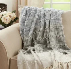 Kirkland's Home Soft Blue Textured Striped Tassel Throw- Blankets & Throws