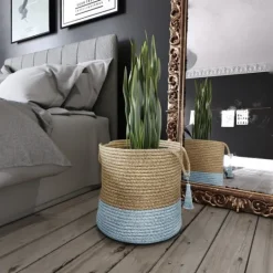 Kirkland's Home Spa Blue And Tan Woven Basket With Tassel, 17 In.- Baskets & Boxes