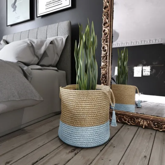 Kirkland's Home Spa Blue And Tan Woven Basket With Tassel, 17 In.- Baskets & Boxes