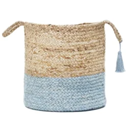 Kirkland's Home Spa Blue And Tan Woven Basket With Tassel, 19 In.- Baskets & Boxes