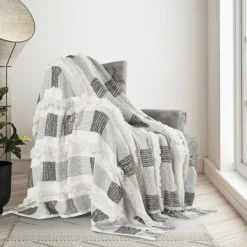 Kirkland's Home Spencer Gray And White Plaid Throw- Blankets & Throws