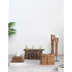 Kirkland's Home Square Carved Wood Pillar Candle Holder- Candle Holders