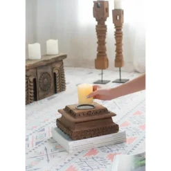 Kirkland's Home Square Carved Wood Pillar Candle Holder- Candle Holders