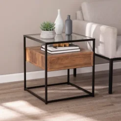 Kirkland's Home Square Metal And Wood Glass Top Accent Table- Accent & End Tables