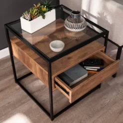 Kirkland's Home Square Metal And Wood Glass Top Accent Table- Accent & End Tables