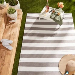 Kirkland's Home Stone And White Rugby Stripe Outdoor Area Rug, 4X6- Outdoor Rugs