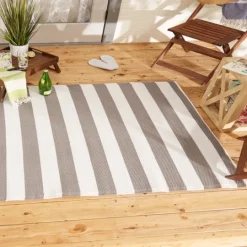 Kirkland's Home Stone And White Rugby Stripe Outdoor Area Rug, 4X6- Outdoor Rugs