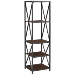Kirkland's Home Tall Metal X-Framed Dark Walnut Bookshelf- Office Furniture