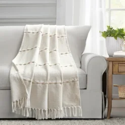 Kirkland's Home Tan And White Herringbone Stripe Throw- Blankets & Throws
