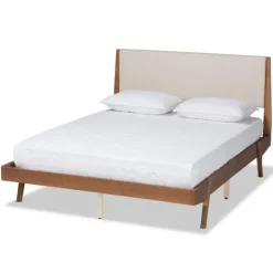 Kirkland's Home Tan Upholstered Brown Wood Full Platform Bed- Beds & Headboards