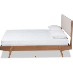 Kirkland's Home Tan Upholstered Brown Wood Queen Platform Bed- Beds & Headboards