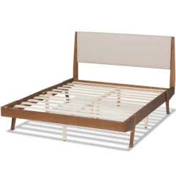 Kirkland's Home Tan Upholstered Brown Wood Queen Platform Bed- Beds & Headboards