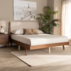 Kirkland's Home Tan Upholstered Brown Wood Queen Platform Bed- Beds & Headboards