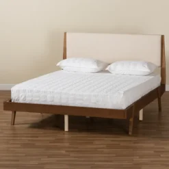 Kirkland's Home Tan Upholstered Brown Wood Queen Platform Bed- Beds & Headboards