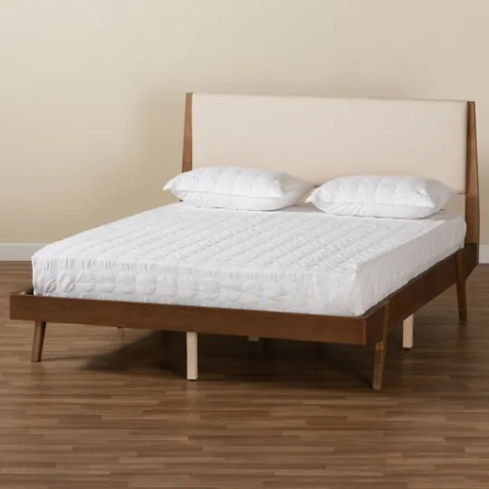 Kirkland's Home Tan Upholstered Brown Wood Queen Platform Bed- Beds & Headboards