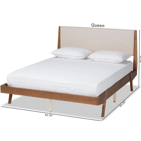 Kirkland's Home Tan Upholstered Brown Wood Queen Platform Bed- Beds & Headboards