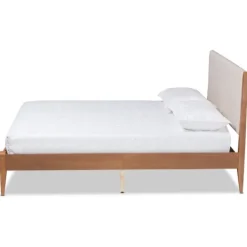 Kirkland's Home Tan Upholstered Classic Wood Full Platform Bed- Beds & Headboards
