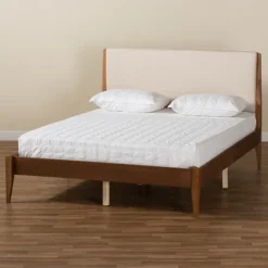 Kirkland's Home Tan Upholstered Classic Wood Full Platform Bed- Beds & Headboards