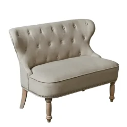 Kirkland's Home Taupe Button Tufted Nailhead Trim Settee- Sofas & Loveseats