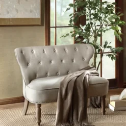 Kirkland's Home Taupe Button Tufted Nailhead Trim Settee- Sofas & Loveseats