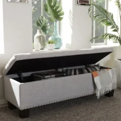 Kirkland's Home Taupe Button-Tufted Upholstered Storage Bench- Entryway Furniture